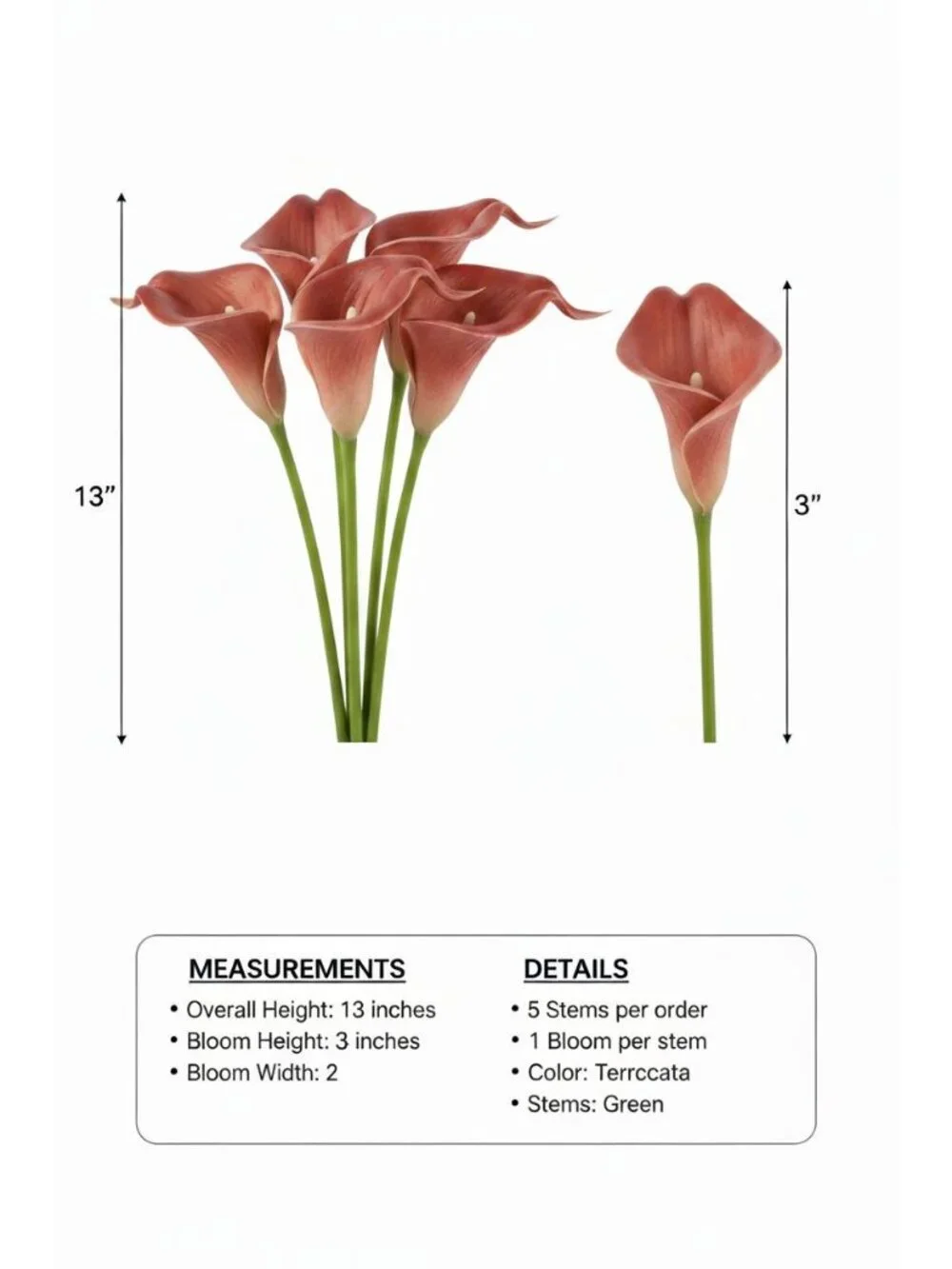 Terracotta Artificial Calla Lily Stems Set of 5 13 Inch Faux Flowers for Rustic